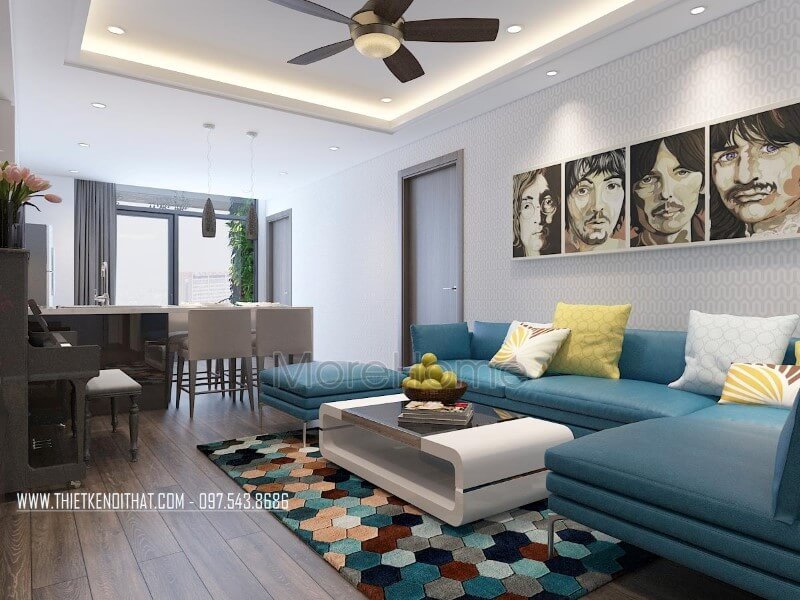 Thiết kế nội thất phòng khách chung cư được kiến trúc sư lựa chọn sử dụng tone màu đơn giản, gam màu lạnh mang lại cho không gian sinh hoạt chung một cảm giác sang trọng, sạch sẽ và vô cùng tinh tế Thiết kế chung cư