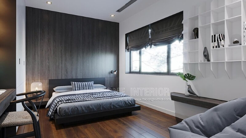 Tấm gỗ ốp tường độc đáo với đường vân đẹp mắt cùng gỗ tối màu tạo nên vẻ đẹp cuốn hút trong thiết kế phòng ngủ hiện đại. Mẫu thiết kế nội thất biệt thự đẹp