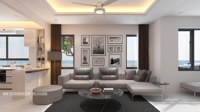 Ấn tượng với thiết kế sofa hiện đại kiểu dáng góc tiện lợi cùng tone màu xám bóng sang trọng của chất liệu da cao cấp của phòng khách biệt thự, nhà phố Mẫu thiết kế nội thất biệt thự đẹp