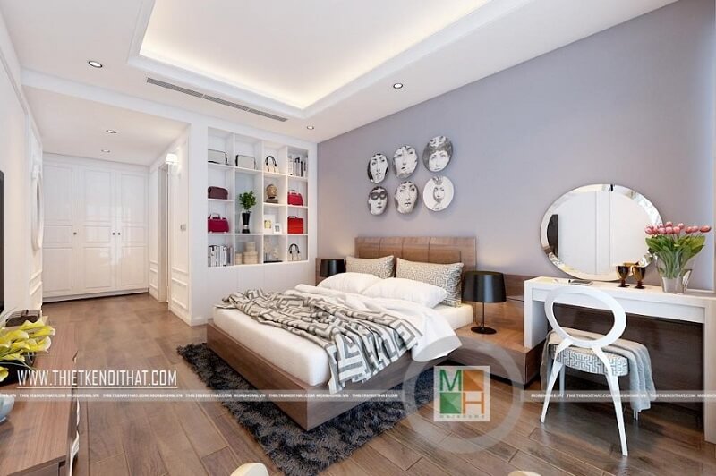 Mẫu giường ngủ chung cư đẹp bọc da đầu giường màu nâu mang đến cảm giác sang trọng cho căn phòng ngủ của gia chủ Mẫu thiết kế nội thất chung cư đẹp