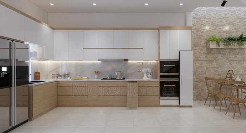Nội thất phòng bếp hiện đại với thiết kế mở lớn giúp tăng khả năng quan sát cho gia chủ và thuận tiện hơn trong không gian sinh hoạt của gia đình Thiết kế phòng bếp, tủ bếp đẹp