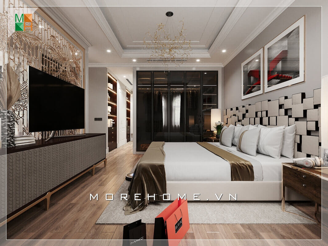 Tủ quần áo thiết kế âm tường cánh kính màu đen đẹp mắt và sang trọng. Thiết kế nội thất phòng ngủ chung cư hiện đại