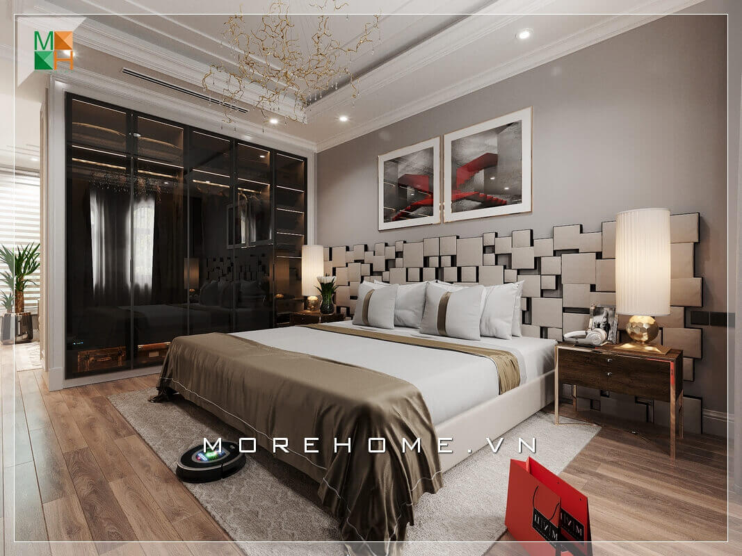 Hai bức tranh canvas họa tiết nghệ thuật được treo đầu giường làm sáng cả căn phòng ngủ chung cư hiện đại. Thiết kế nội thất phòng ngủ chung cư hiện đại