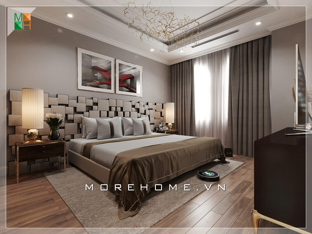 Mẫu giường ngủ khung gỗ, độc đáo với lối thiết kế lạ mắt đầu giường ngủ hiện đại tạo sự thu hút ánh nhìn. Thiết kế nội thất phòng ngủ chung cư hiện đại
