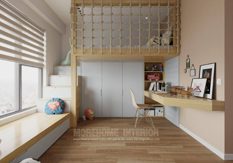 Phòng ngủ cho bé tại chung cư được thiết kế cầu kì với đồ nội thất thông minh Mẫu nội thất chung cư đẹp