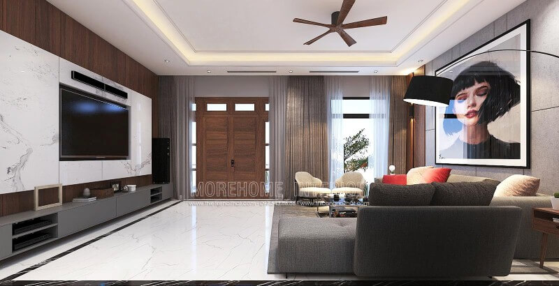 Thiết kế nội thất phòng khách hiện đại đẹp, sang trọng từ đá ốp tường vân mây, tranh treo tường nghệ thuật cùng sofa hiện đại cao cấp. Thiết kế phòng khách nhà phố