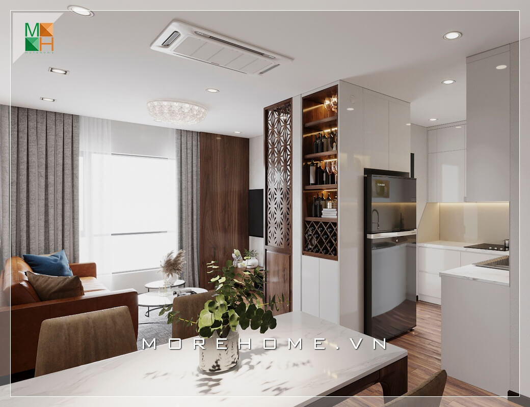 Thiết kế nội thất không gian nhà phố, chung cư đơn giản phong cách hiện đại. Phòng khách liền phòng ăn và phòng bếp, có tính liên kết hài hòa và tiện lợi phù hợp với không gian nhà có diện tích hạn chế. Thiết kế phòng khách nhà phố