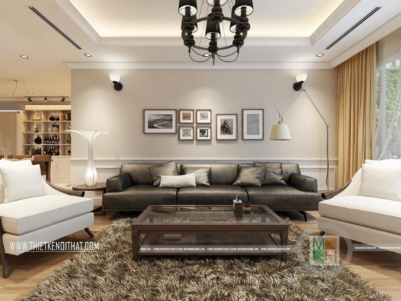 Mẫu thiết kế phòng khách đẹp với trang trí nội thất độc đáo sử dụng thảm lông màu sẫm kết hợp bộ sofa da cao cấp thu hút mọi ánh nhìn Thiết kế chung cư
