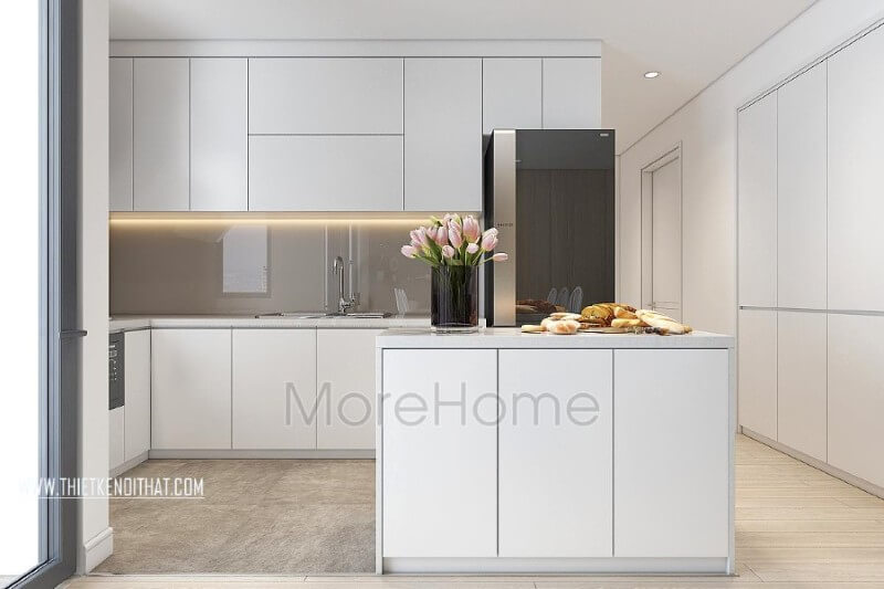 Hệ thống tủ bếp tiện nghi với tone màu trắng hiện đại gợi sự liền mạch trong mẫu thiết kế nội thất chung cư đẹp này Tủ bếp hiện đại,tủ bếp đẹp hiện đại, tủ bếp An Cường