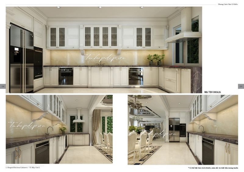 MoreHome tư vấn thiết kế phòng bếp biệt thự tân cổ điển lấy gam màu trắng chủ đạo cùng chất liệu đá ốp tự nhiên màu xám sạch sẽ, trường tồn theo thời gian