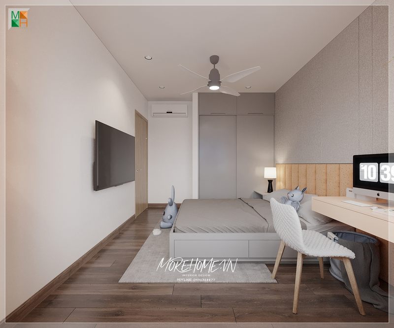 Tủ quần áo hiện đại màu ghi góp phần mang đến sự hài hòa của tổng thể không gian căn phòng.