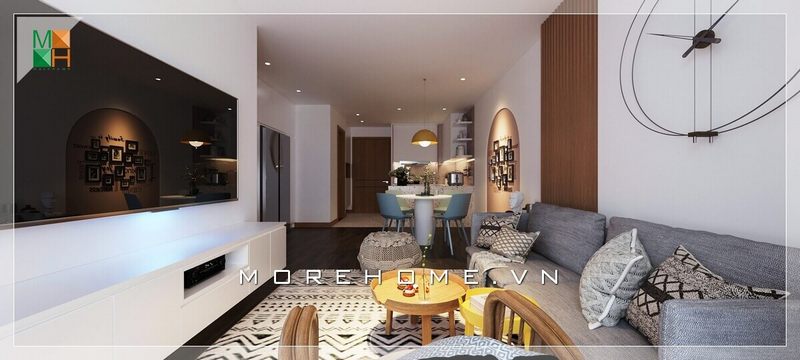 Lối thiết kế nội thất phong cách hiện đại, phù hợp cho chung cư, nhà phố diện tích nhỏ, thiết kế phòng khách liền bếp tiện lợi.