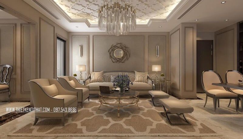 Gương trang trí tạo thêm điểm nhấn đẹp mắt cho phòng khách tân cổ điển