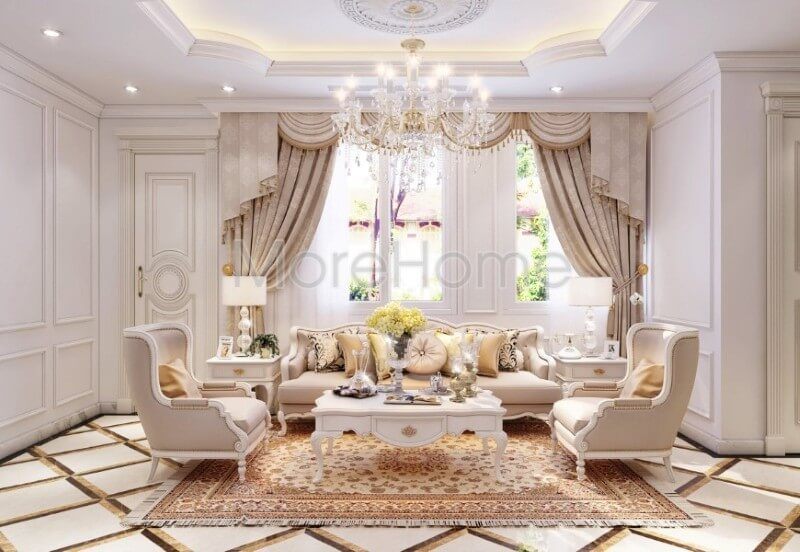 Thiết kế sofa phòng khách biệt thự tân cổ điển tinh tế trong từng đường nét, mỗi một chi tiết đều toát lên sự tinh xảo mà đơn thuần chỉ là những nét lượn đầy gợi cảm từ phần chân ghế hay tưa lưng...