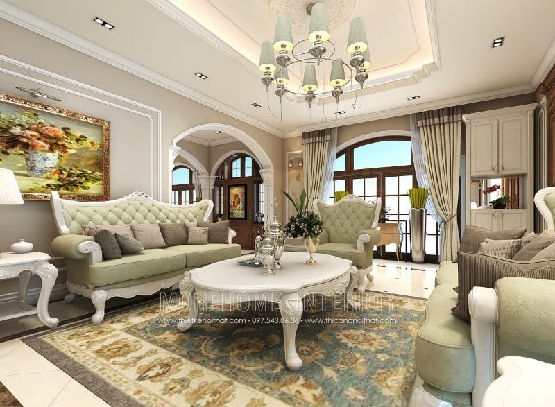 Sofa tân cổ điển MS-049 gỗ tự nhiên sơn trắng, bọc nỉ rút múi màu xanh ngọc nhẹ nhàng mang phong cách hoàng gia, quý tộc cho phòng khách chung cư