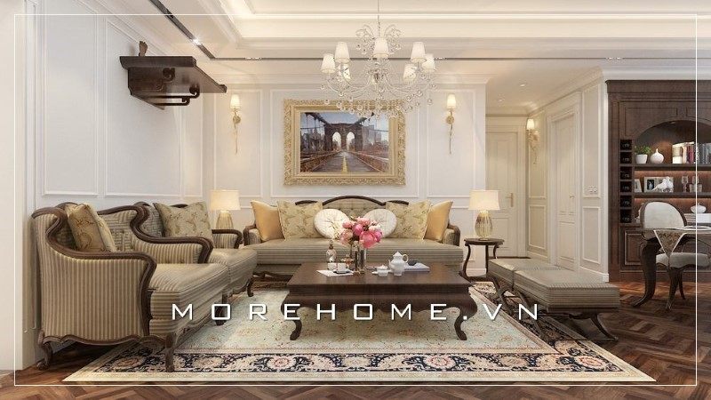 Thiết kế phòng khách biệt thự theo phong cách tân cổ điển góp phần tô điểm thêm giá trị thẩm mỹ cho không gian tổ ấm của gia đình.