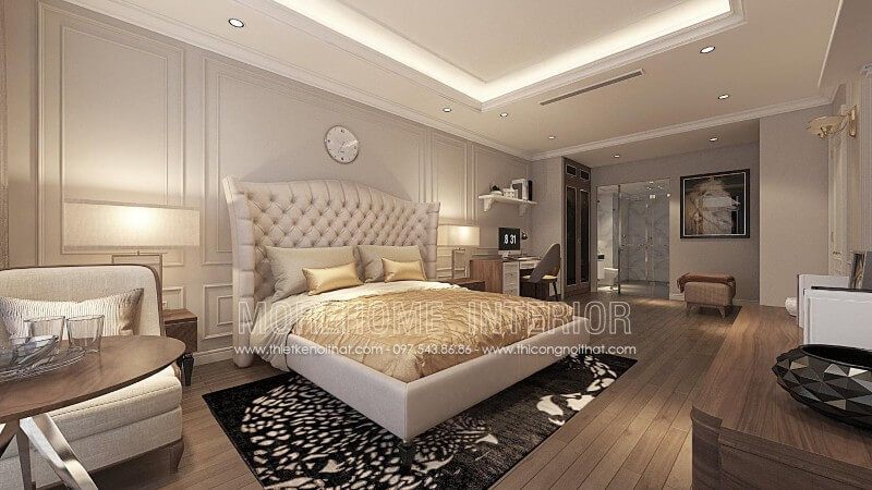 Giường ngủ tân cổ điển được thiết kế đơn giản, không quá phức tạp, tập trung vào công năng để đáp ứng nhu cầu của gia chủ mà không quá nhấn mạnh vào từng chi tiết.