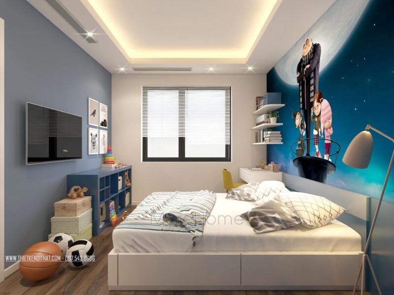 cái
Để tạo ra sự hứng thú và trí tưởng tượng, gia chủ đã chọn tranh dán tường hoạt hình vũ trụ cho phòng ngủ của con cái.