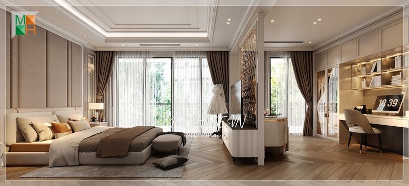 Thiết kế phòng ngủ master cao cấp cho các căn nhà, biệt thự, chung cư bao gồm một khu vực làm việc riêng biệt trong phòng.