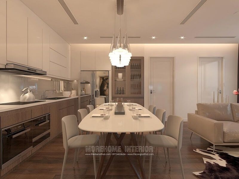 Mẫu bàn ăn hiện đại màu trắng trẻ trung, kết hợp với 6 ghế ăn bọc da sang chẳng, tạo nên không gian phòng ăn ấn tượng cho gia chủ.