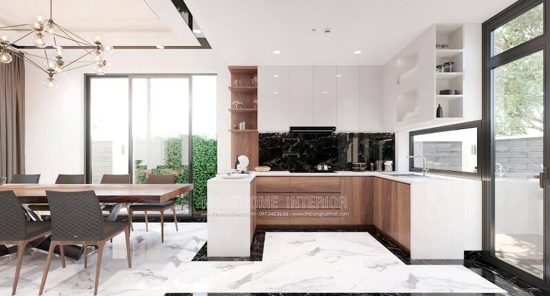 Hợp tác cân bằng giữa 2 màu chủ đạo trắng và nâu trầm tạo nên một không gian nấu nướng tinh tế và quyến rũ.