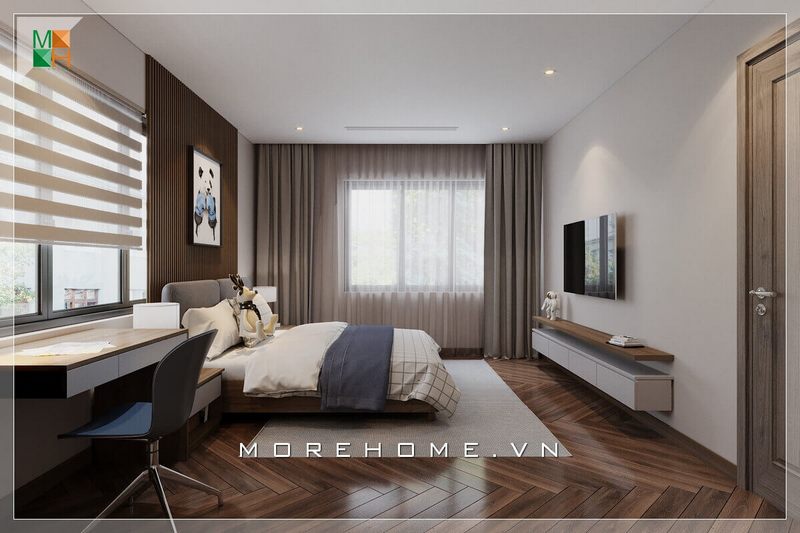 . Mẫu thiết kế phòng ngủ nhỏ theo phong cách hiện đại được trang bị nội thất gỗ công nghiệp, giúp tạo sự rộng rãi cho không gian nhưng vẫn đảm bảo cung cấp đầy đủ các tiện nghi cần thiết.